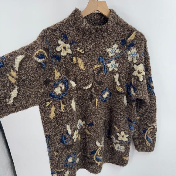 Thyme Floral Textured Boucle Knit Pullover Sweater Wool Blend Brown Size M - Picture 6 of 7